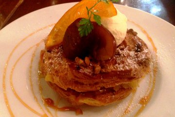 Exquisite airy mille fille with autumn chestnuts and orange slice at Cafe &amp; Books Bibliotheque Umeda, Osaka City.