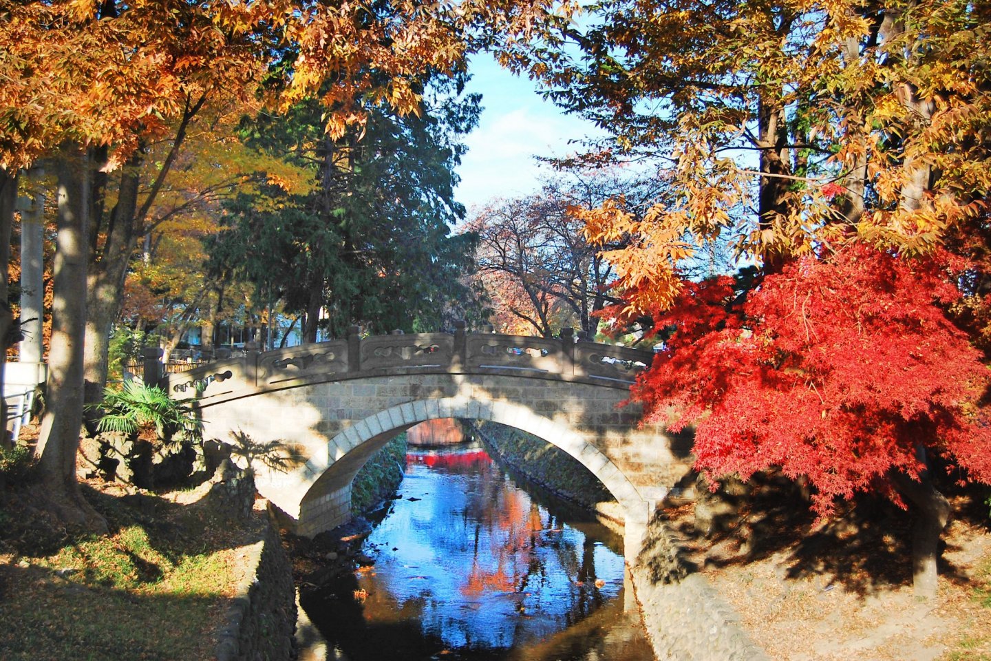Sebuah jembatan batu yang cantik dengan suasana musim gugur.