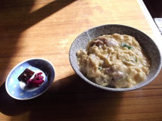 첫째, 점심: 밥에 계란과 오야코돈이 담긴 따뜻한 그릇