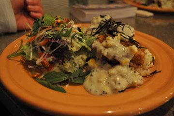 <p>Daily special: veggie chicken with cauliflower cream sauce, salad, and soup</p>