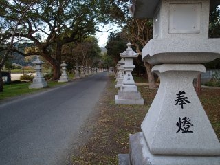 鳥居から神社までの長い参道に並ぶ石灯籠