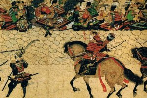 ภาพวาดการรบที่ชายฝั่งอ่าวฮากาตะ กองทัพมองโกลมีทั้งทหารม้า ทหารราบเดินเท้า กำลังเข้าโจมตีกองทัพญี่ปุ่น ซามูไรป้องกันดินแดนอยู่บนกำแพงหิน