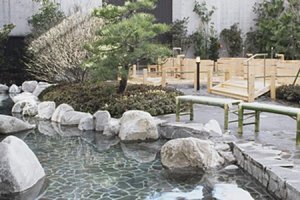 บ่อน้ำพุร้อนด้านนอกที่ล้อมรอบด้วยสวนแบบญี่ปุ่น